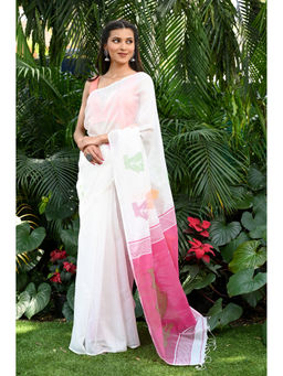 Beatitude - White Handloom Silk Saree with Unstitched Blouse