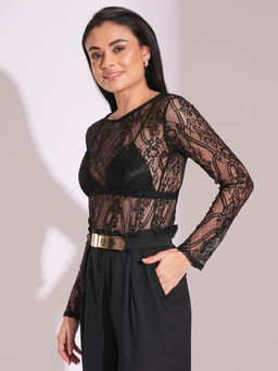 Globus - Women Black Boat Neck Self Design Long Sleeve Party Top