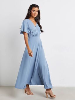 Styli - Blue V Neck Flare Sleeves A-line Maxi Dress