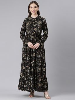 NEERU'S - Navy Blue Viscose Rayon Curved Casual Floral Maxi Dress
