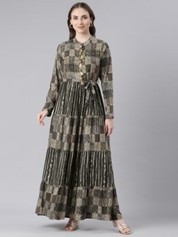 NEERU'S - Olive Viscose Rayon Curved Casual Geometric Maxi Dress