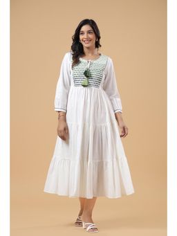 SAVI - White Cotton Green Ombre Embroidered Tiered Dress