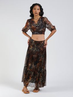 Label Ritu Kumar - Black Printed Top with Skirt Co-Ord (Set of 2)