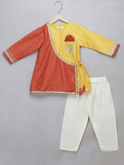 The Little Tales - Yellow Printed Angrakha Style Kurta & Pyjama (Set of 2)