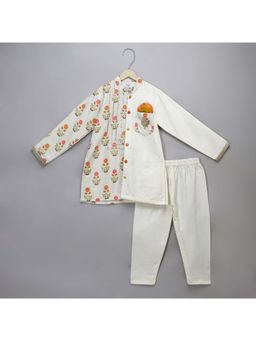 The Little Tales - Off White Mughal Printed Kurta & Pyjama (Set of 2)