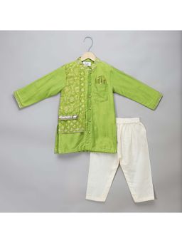 The Little Tales - Green Chanderi Panel Kurta & Pyjama (Set of 2)