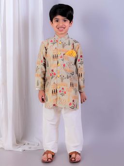The Little Tales - Grey Mughal Printed Kurta & Pyjama (Set of 2)