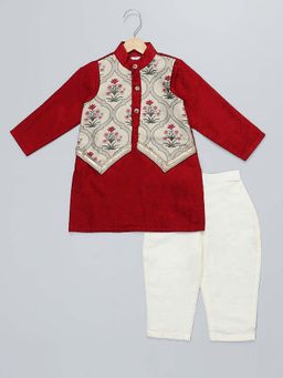 The Little Tales - Maroon Mughal Printed Kurta with attached Jacket & Pyjama (Set of 2)