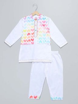 The Little Tales - White Heart Print Kurta with attached Jacket & Pyjama (Set of 2)