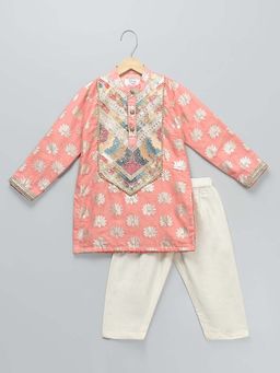 The Little Tales - Peach Lotus Print with Yoke Embroidery Kurta & Pyjama (Set of 2)