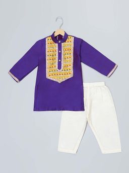 The Little Tales - Purple Kurta with Yoke Embroidery & Pyjama (Set of 2)
