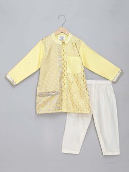 The Little Tales - Lime Yellow Zari Panelled Kurta & Pyjama (Set of 2)