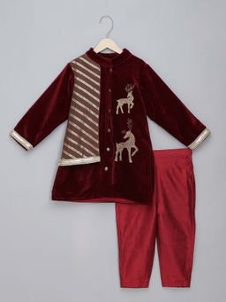 The Little Tales - Maroon Velvet Embroidery Bandhgala & Pyjama (Set of 2)