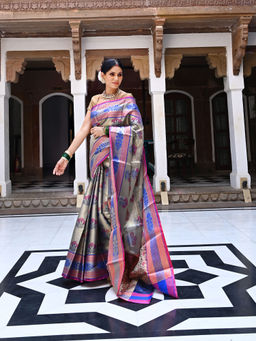 Banarasi Silk Works - Grey Kanchi Silk Saree with Unstitched Blouse