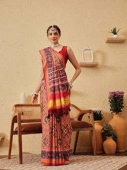 Silk Land - Mustard Rajkoti Double Ikat Patola Soft Silk Saree with Unstitched Blouse