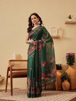 Silk Land - Green Pichwai Kalamkari Digital Printed Chanderi Saree with Unstitched Blouse