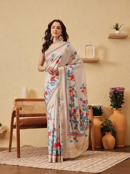 Silk Land - Beige Floral Printed Soft Silk Saree with Unstitched Blouse