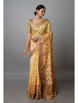 Unnati Silks - Beige Chanderi Silk Saree with Unstitched Blouse