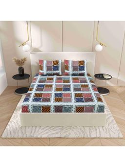 Indra's - Cotton Elastic Fitted Double Bed Bedsheet With 2 Pillow Covers Grey