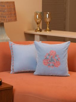 Crown of Poppies - Velvet Rose Embroidered Cushion Cover Blue (16x16 Inches)