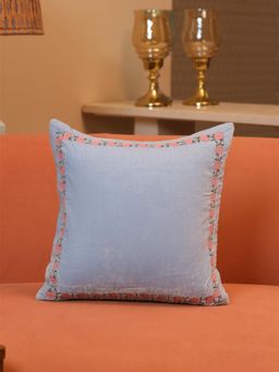 Crown of Poppies - Velvet Rose Embroidered Cushion Cover Blue (16x16 Inches)