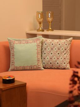 Crown of Poppies - Regal Pastel Velvet Embroidered Cushion Cover Green (Pack of 2) (16x16 Inches)