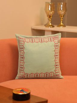 Crown of Poppies - Regal Pastel Velvet Embroidered Cushion Cover Green (16x16 Inches)