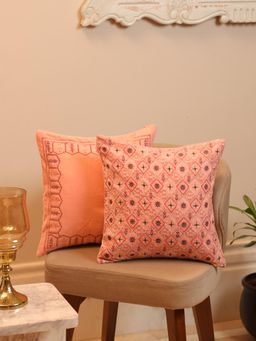 Crown of Poppies - Regal Pastel Velvet Embroidered Cushion Cover Peach (Pack of 2) (16x16 Inches)