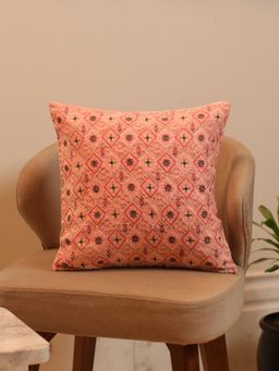 Crown of Poppies - Regal Pastel Velvet Embroidered Cushion Cover Peach (16x16 Inches)