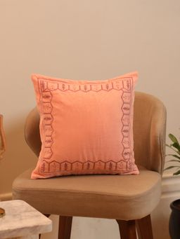 Crown of Poppies - Regal Pastel Velvet Embroidered Cushion Cover Peach (16x16 Inches)