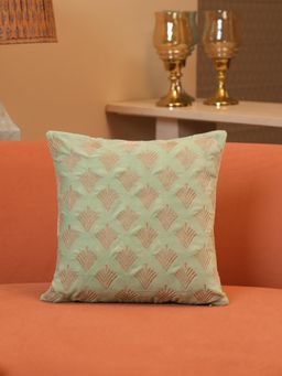 Crown of Poppies - Heritage Gold Velvet Accent Cushion Green (16x16 Inches)