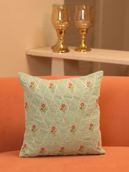 Crown of Poppies - Meadow Bloom Velvet Embroidered Cushion Cover Green (16x16 Inches)