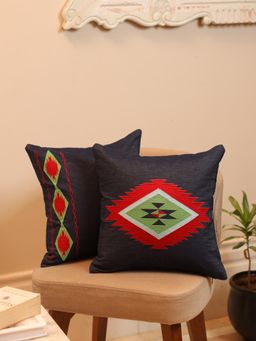 Crown of Poppies - Indigo Heritage Ikat Cushion Cover Multi-Color (Pack of 2) (16x16 Inches)