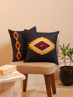 Crown of Poppies - Indigo Heritage Ikat Cushion Cover Multi-Color (Pack of 2) (16x16 Inches)