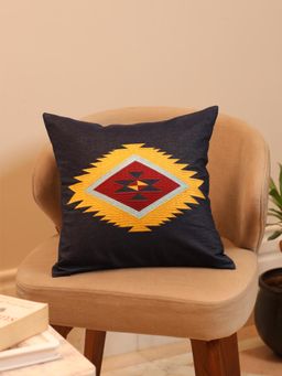Crown of Poppies - Indigo Heritage Ikat Embroidered Cushion Cover Multi-Color (16x16 Inches)