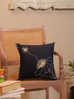 Crown of Poppies - Bloom & Bee Denim Embroidered Cushion Cover Black (16x16 Inches)