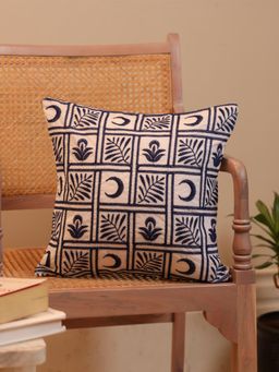 Crown of Poppies - Indigo Grid Leaf Embroidered Cushion Cover White (16x16 Inches)