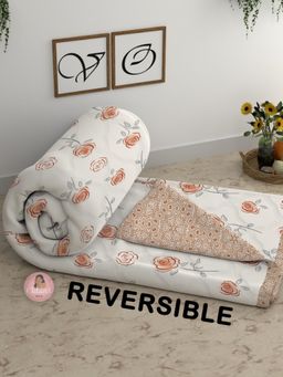 CHHAVI INDIA - 300 Gsm Reversible Comforter Peach Floral Rose Print On Cream/Off-White (Double)