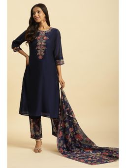 W - Blue Floral Kurta, Slim Pant & Dupatta (Set of 3)