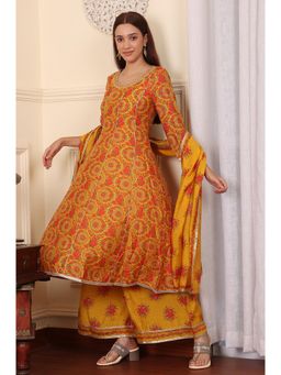 W - Mustard Yellow Floral Printed Chanderi Anarkali Kurta with Pant and Dupatta (Set of 3)