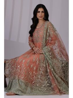 W - Peach and Green Embroidered Layered Dress and Dupatta (Set of 2)