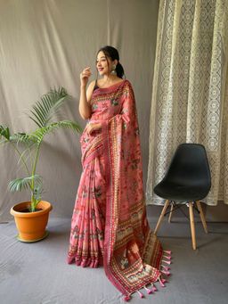EXCLUSIVA - Pink Kalamkari Print Cotton Saree with Unstitched Blouse
