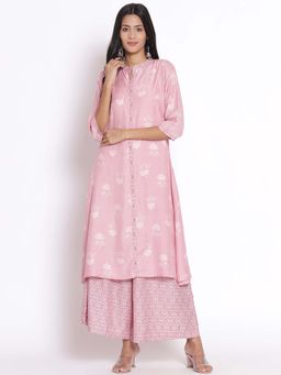 Shree - Women Muslin Pink Floral Printed Kurta With Palazzo (Set Of 2)