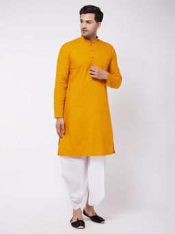 Vastramay - Mens Mustard & White Cotton Blend Kurta with Dhoti (Set of 2)