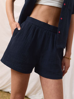 The Souled Store - Navy Blue Cotton Shorts: Blue Petal Women Shorts