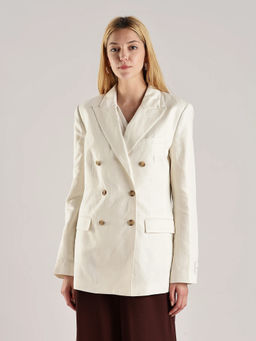 Calvin Klein - Beige Relaxed Fit Linen Notched Collared Double-Breasted Blazer