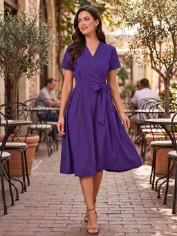 BRINNS - Purple Solid Wrap Dress with Belt