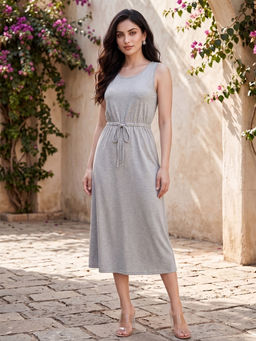 BRINNS - Grey Waist Tie- Up Sleeveless Midi Dress