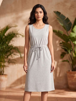 BRINNS - Grey Waist Tie- Up Sleeveless Dress