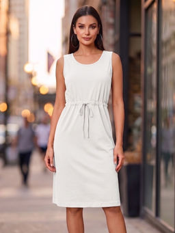 BRINNS - White Waist Tie- Up Sleeveless Dress